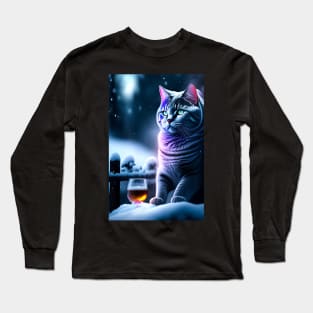 Enchanted Evening: Mystical British Shorthair Relaxes with a Drink on a Snowy Night Long Sleeve T-Shirt